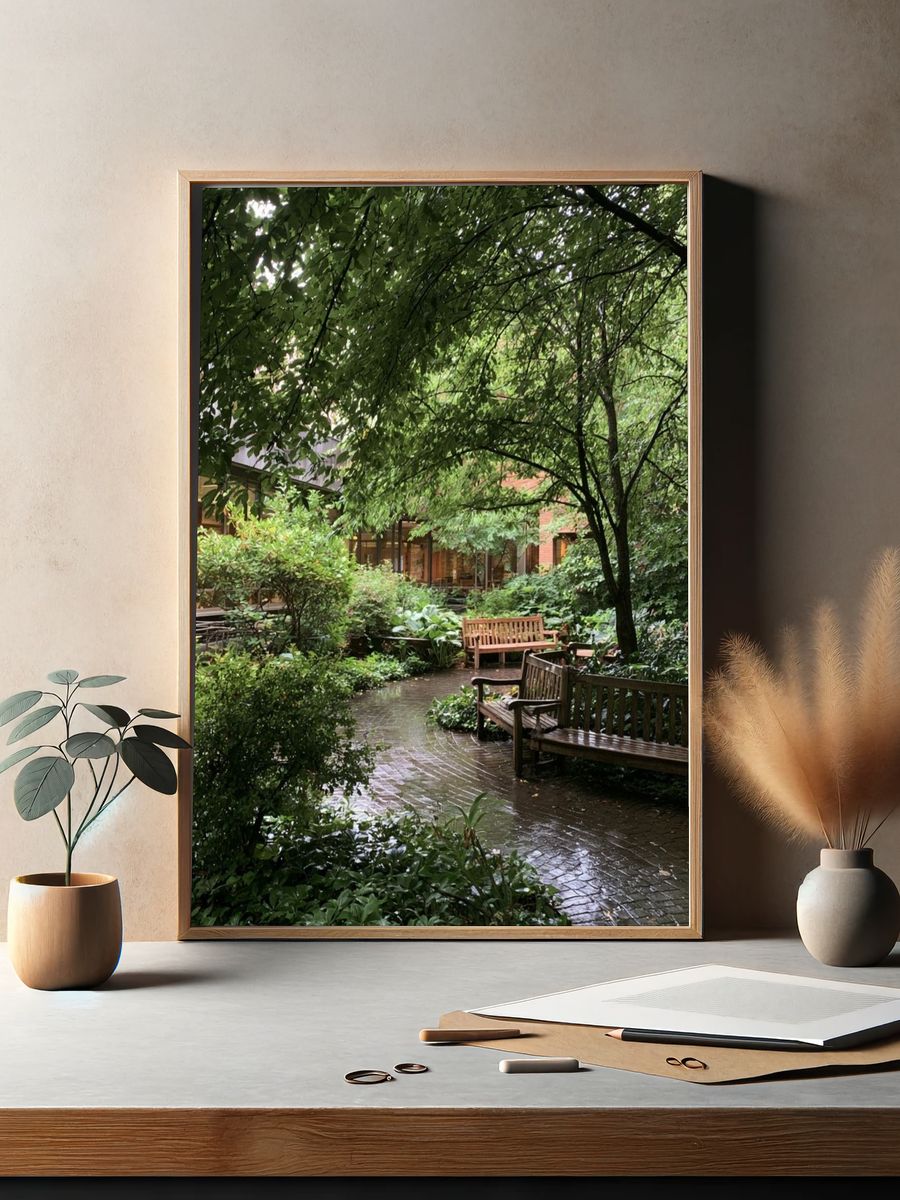 Rainy Garden Courtyard Photography Poster. — room view 2