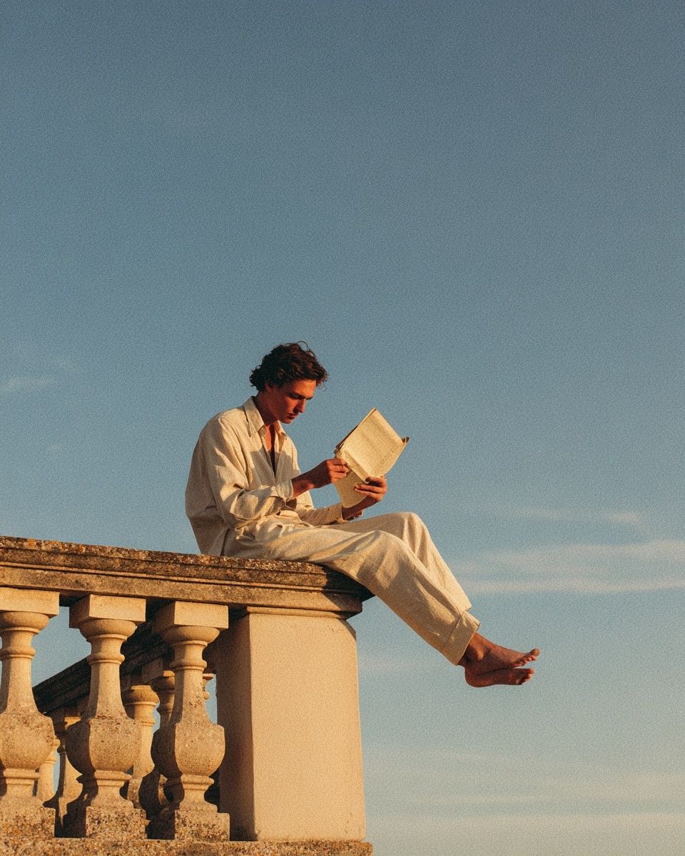 Sunlit Reader on Terrace Photography Poster. poster detail