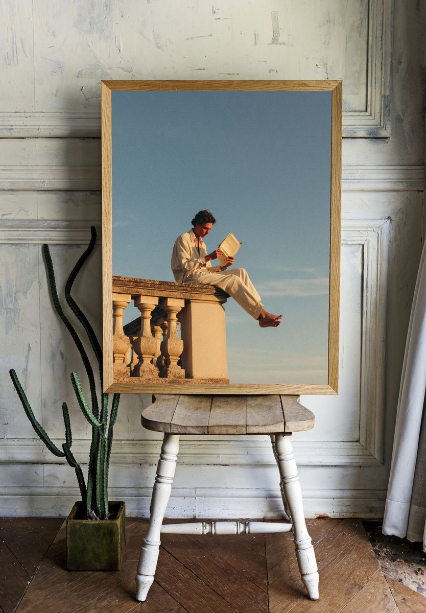 Sunlit Reader on Terrace Photography Poster. — room view 1
