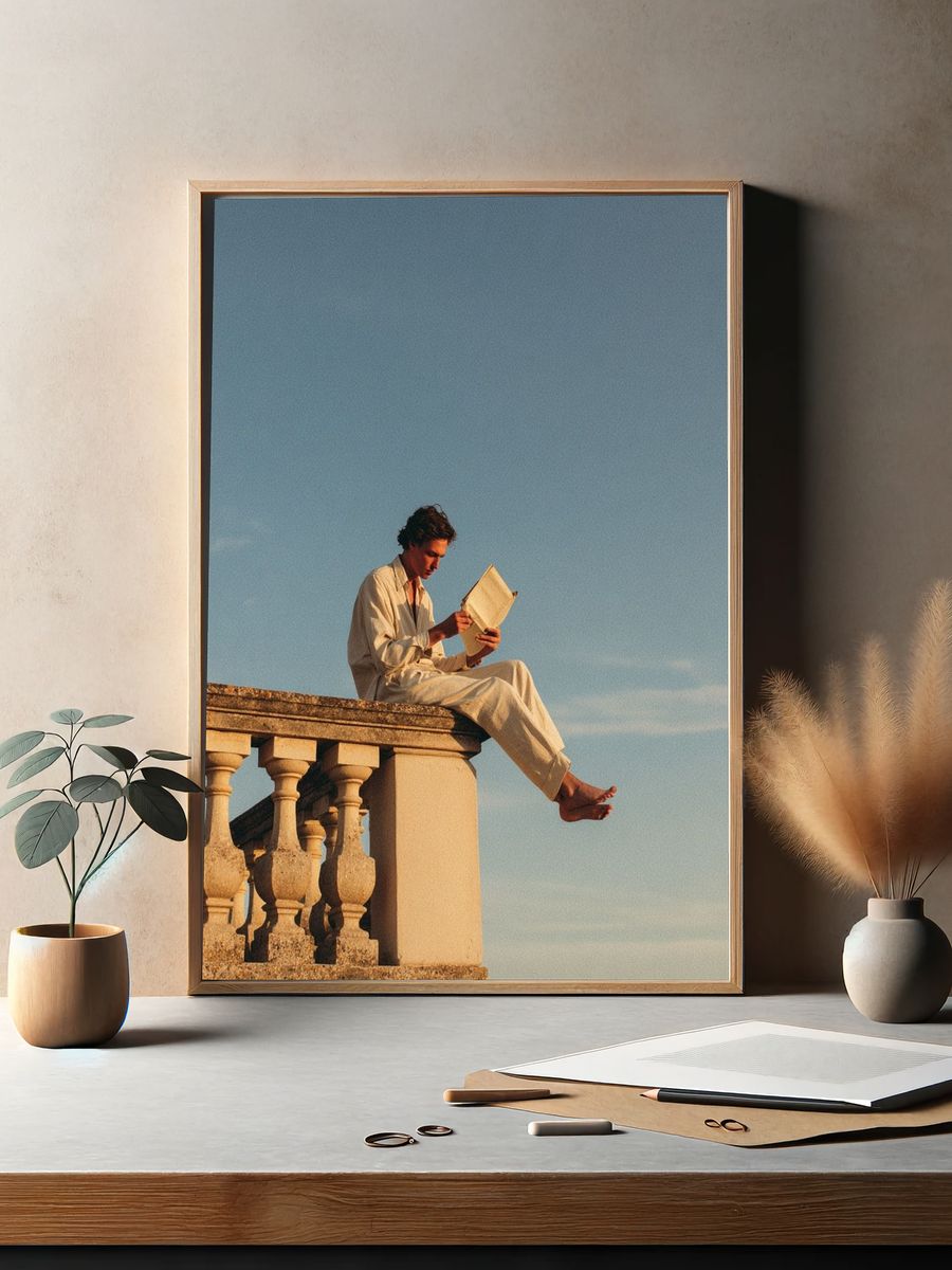 Sunlit Reader on Terrace Photography Poster. — room view 2