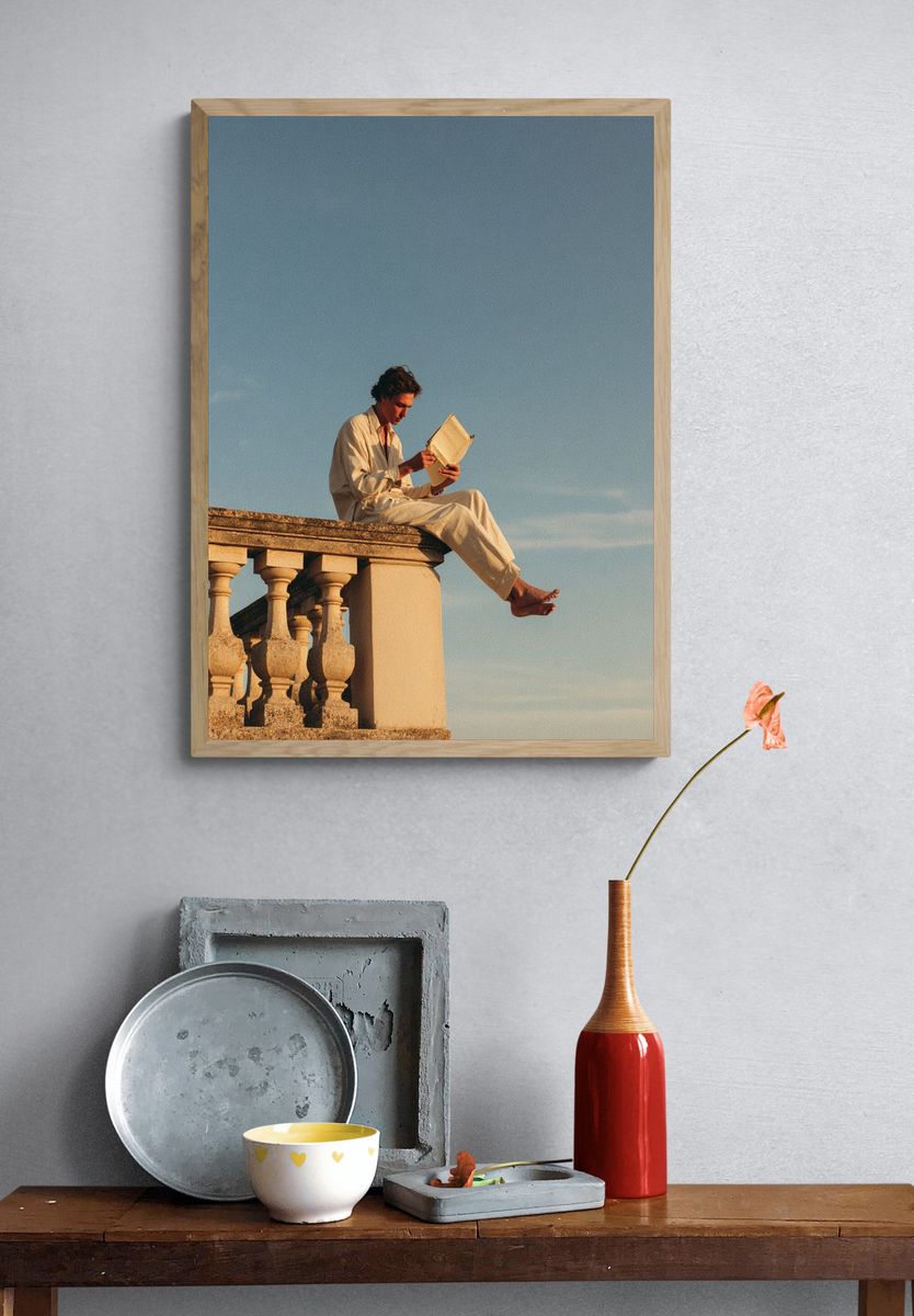Sunlit Reader on Terrace Photography Poster. — room view 3