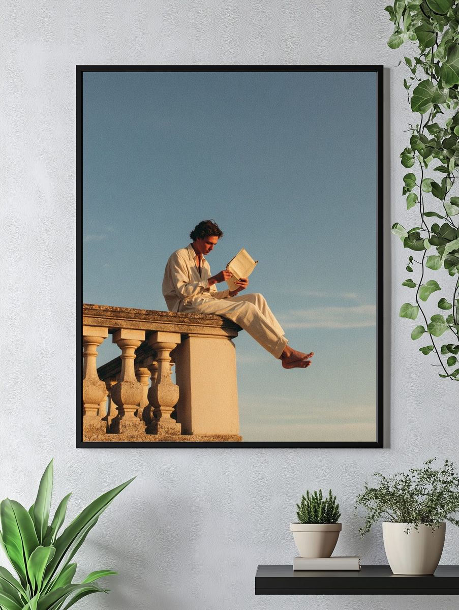 Sunlit Reader on Terrace Photography Poster. — room view 4