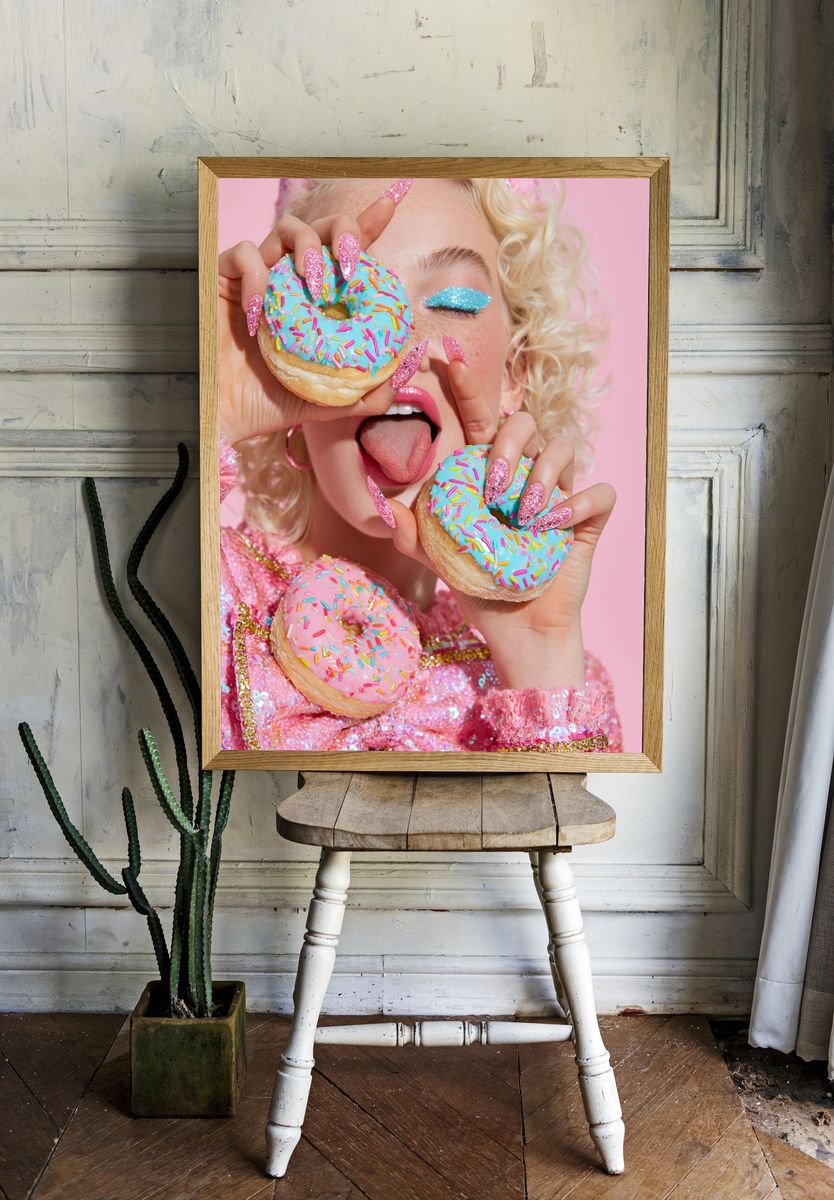 Pink Donut Glam Portrait Print. room preview