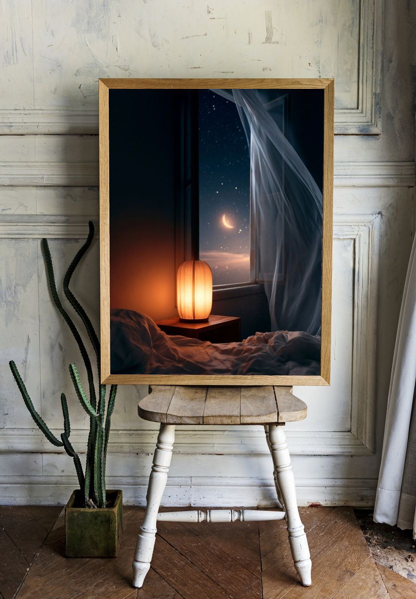 Moonlit Bedroom Window Photography Poster. — room view 1
