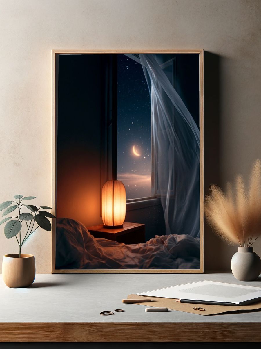 Moonlit Bedroom Window Photography Poster. — room view 2