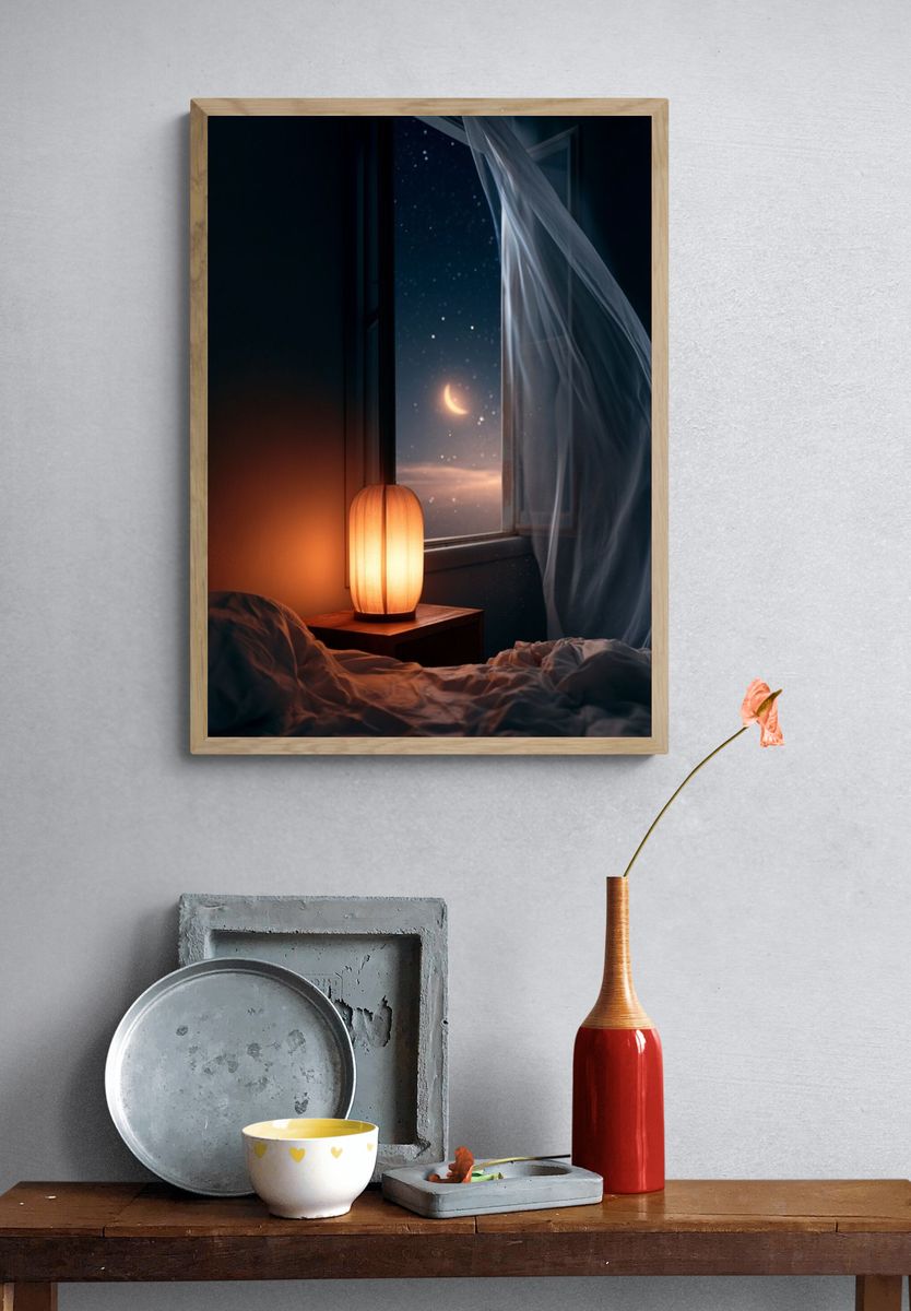 Moonlit Bedroom Window Photography Poster. — room view 3