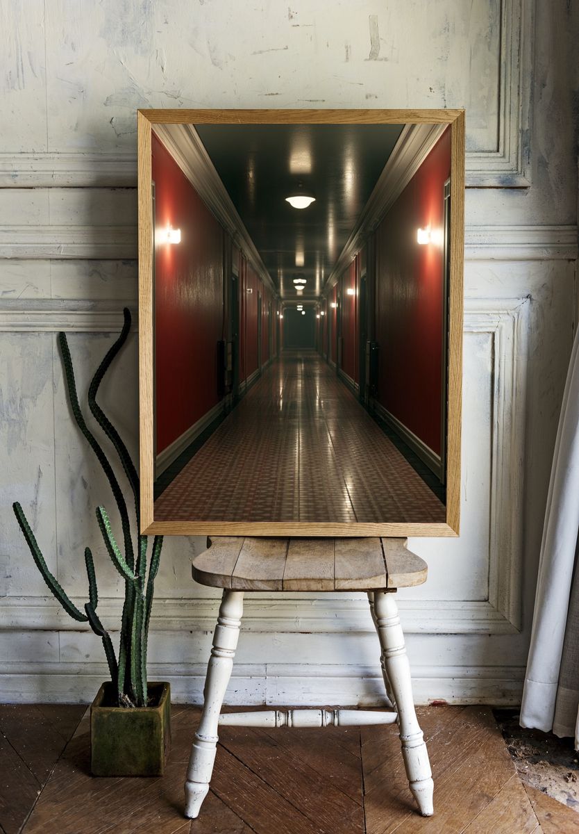 Moody Red Hallway Photography Poster. room preview