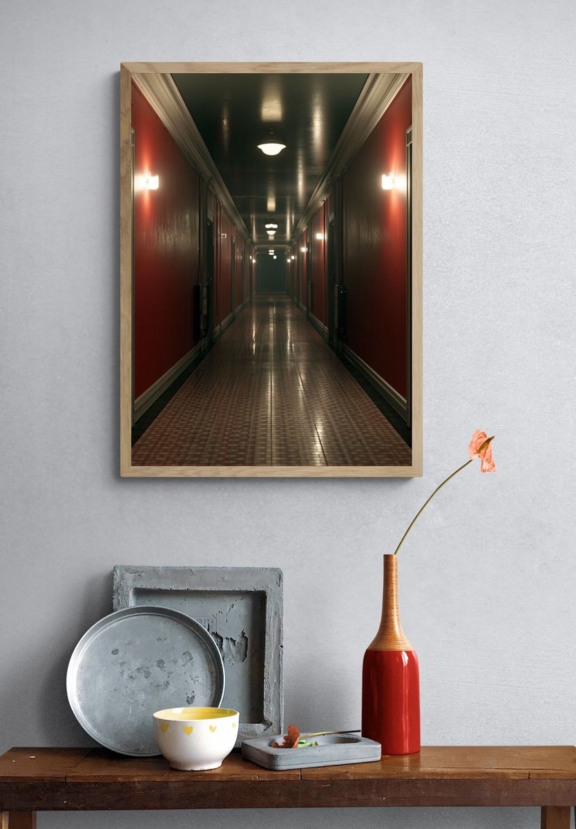 Moody Red Hallway Photography Poster. — room view 3
