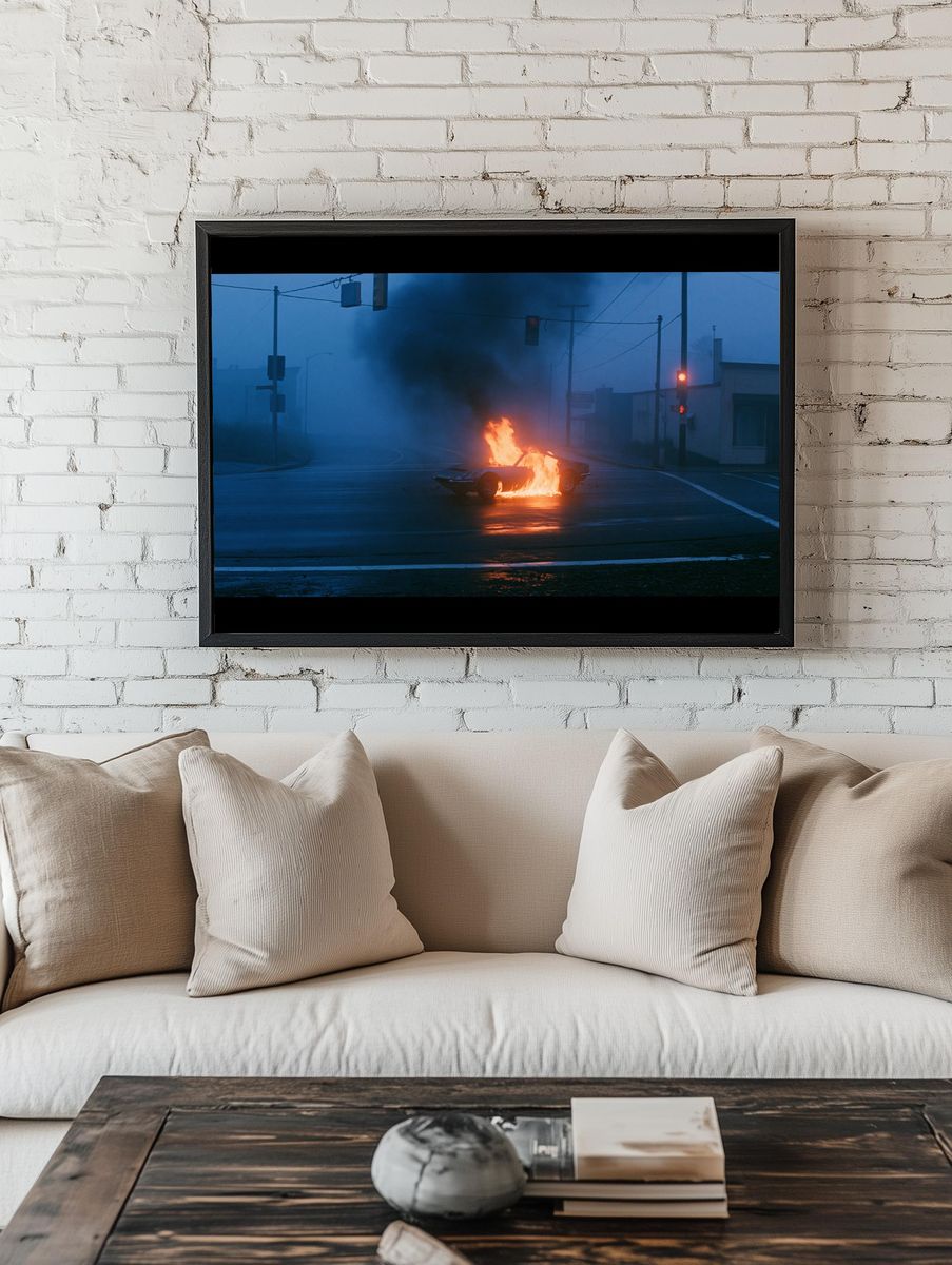 Burning Car at Dusk Photography Poster. room preview