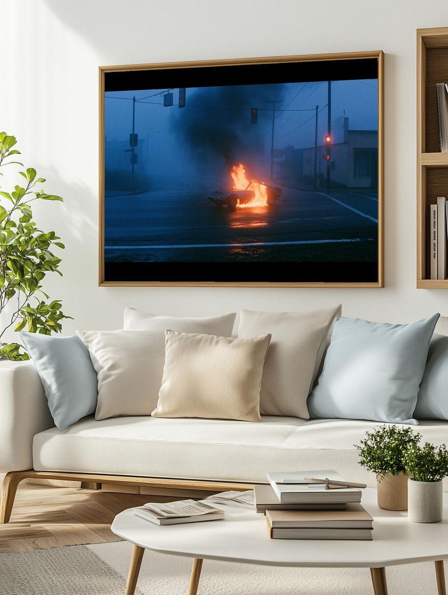 Burning Car at Dusk Photography Poster. — room view 2