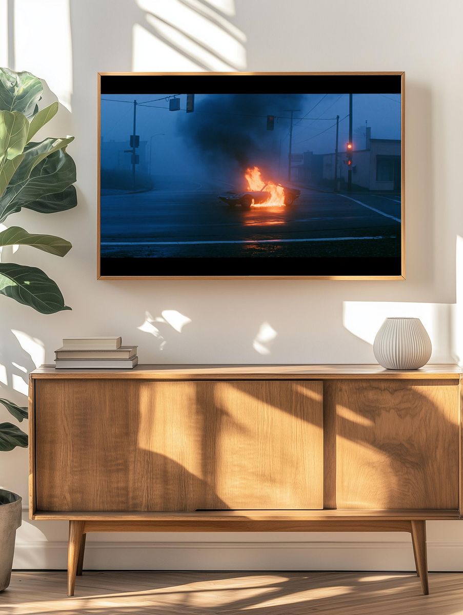 Burning Car at Dusk Photography Poster. — room view 3