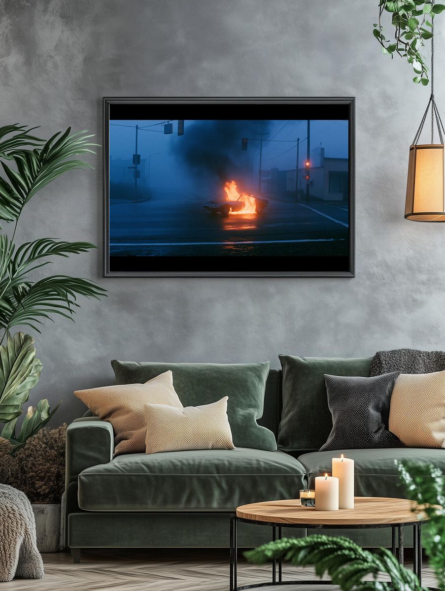 Burning Car at Dusk Photography Poster. — room view 4