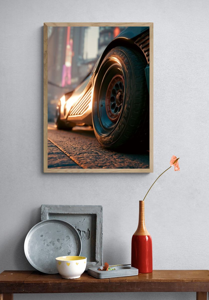 Futuristic Sports Car Wheel Photography Poster. — room view 3