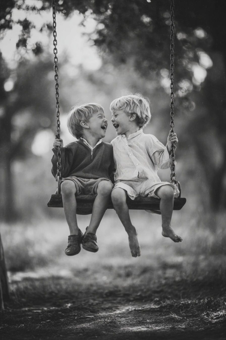 Children on Swing Black-White Poster. poster — photography art