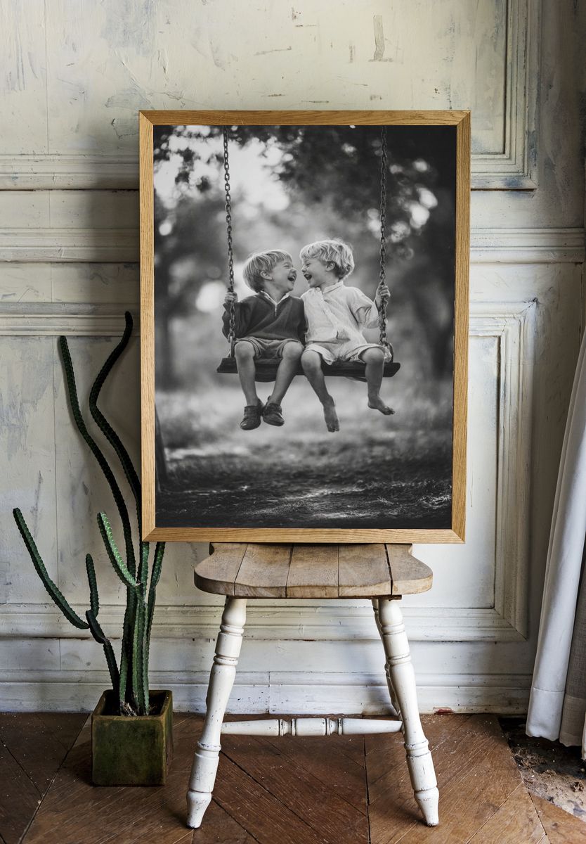 Children on Swing Black-White Poster. — room view 1