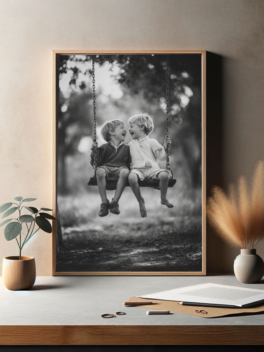 Children on Swing Black-White Poster. — room view 2