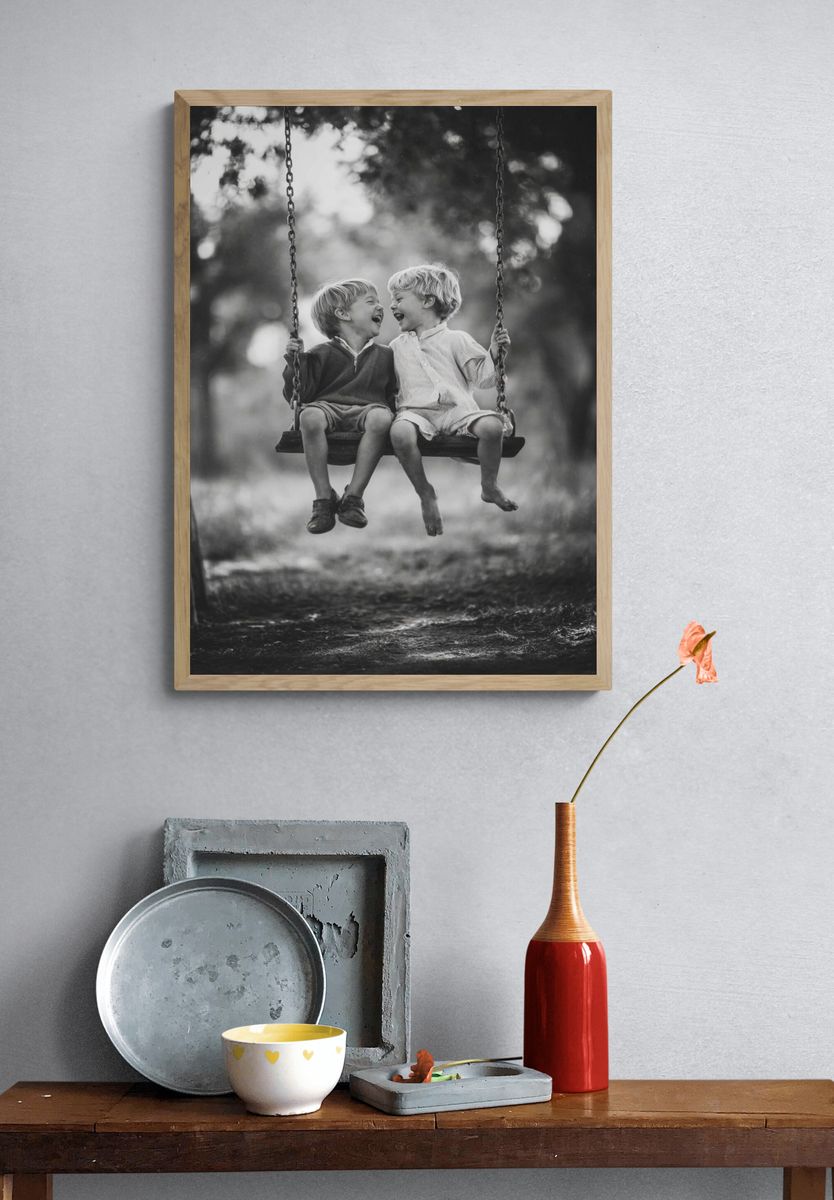 Children on Swing Black-White Poster. — room view 3