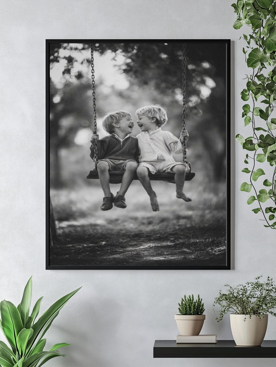 Children on Swing Black-White Poster. — room view 4