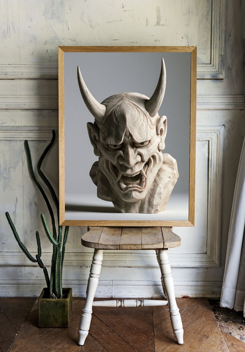 Demon Mask Sculpture Photography Poster. room preview