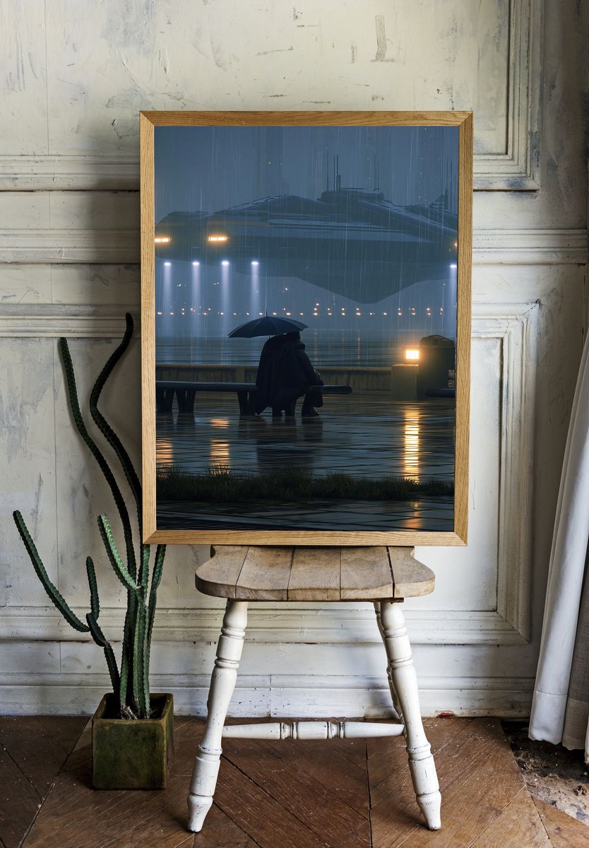 Rainy Harbor Sci-Fi Photography Poster. room preview
