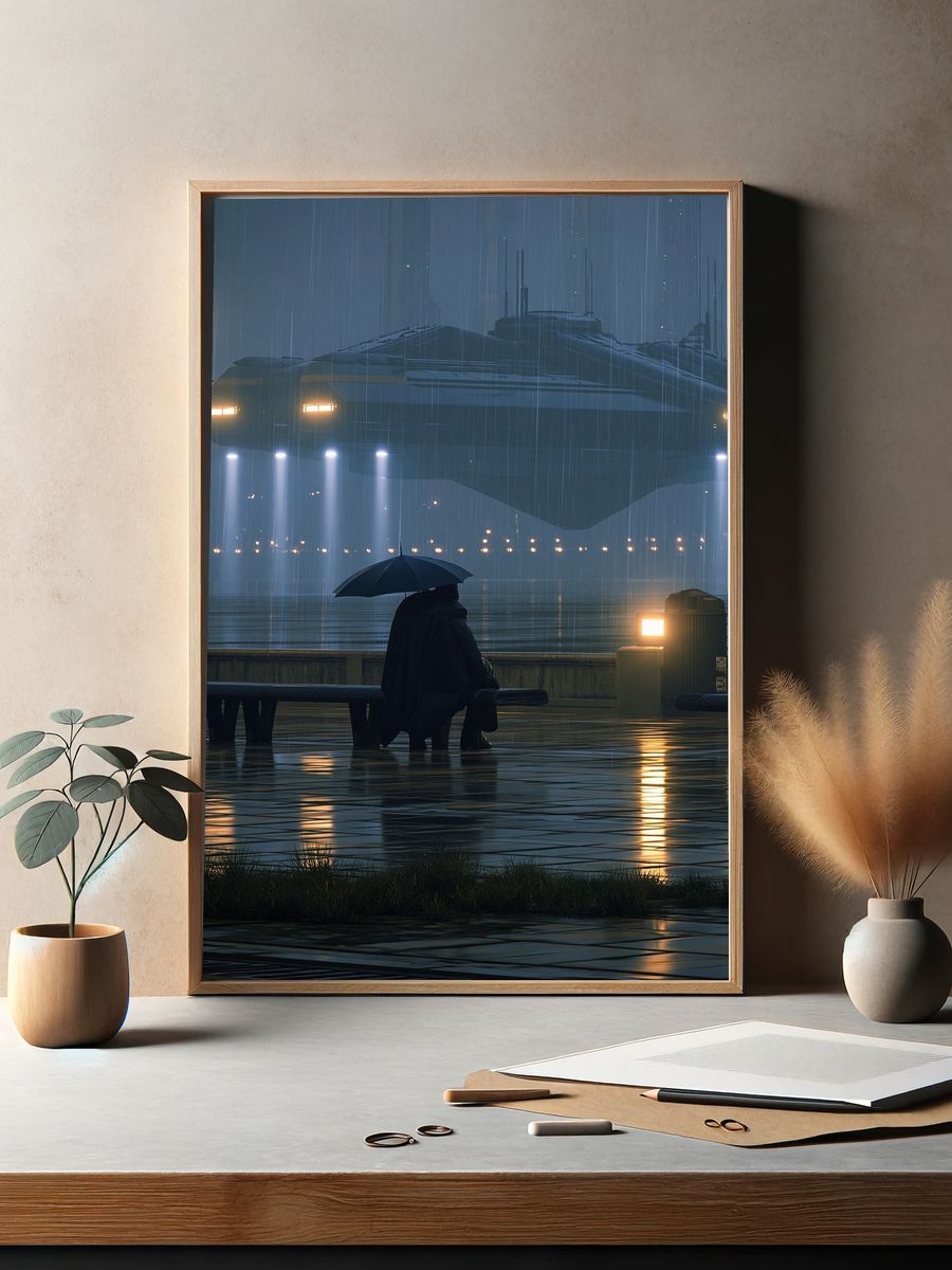 Rainy Harbor Sci-Fi Photography Poster. — room view 2