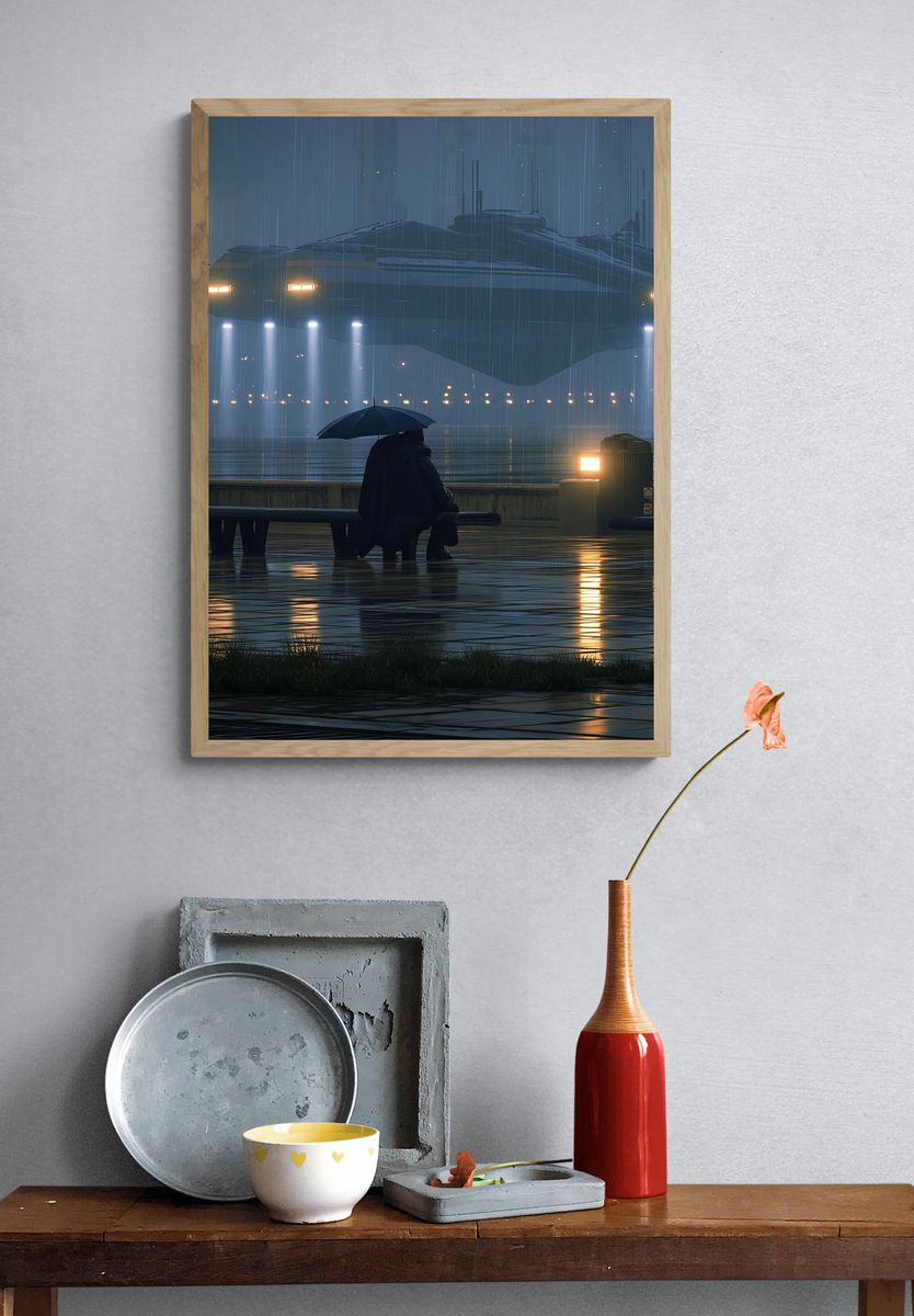 Rainy Harbor Sci-Fi Photography Poster. — room view 3