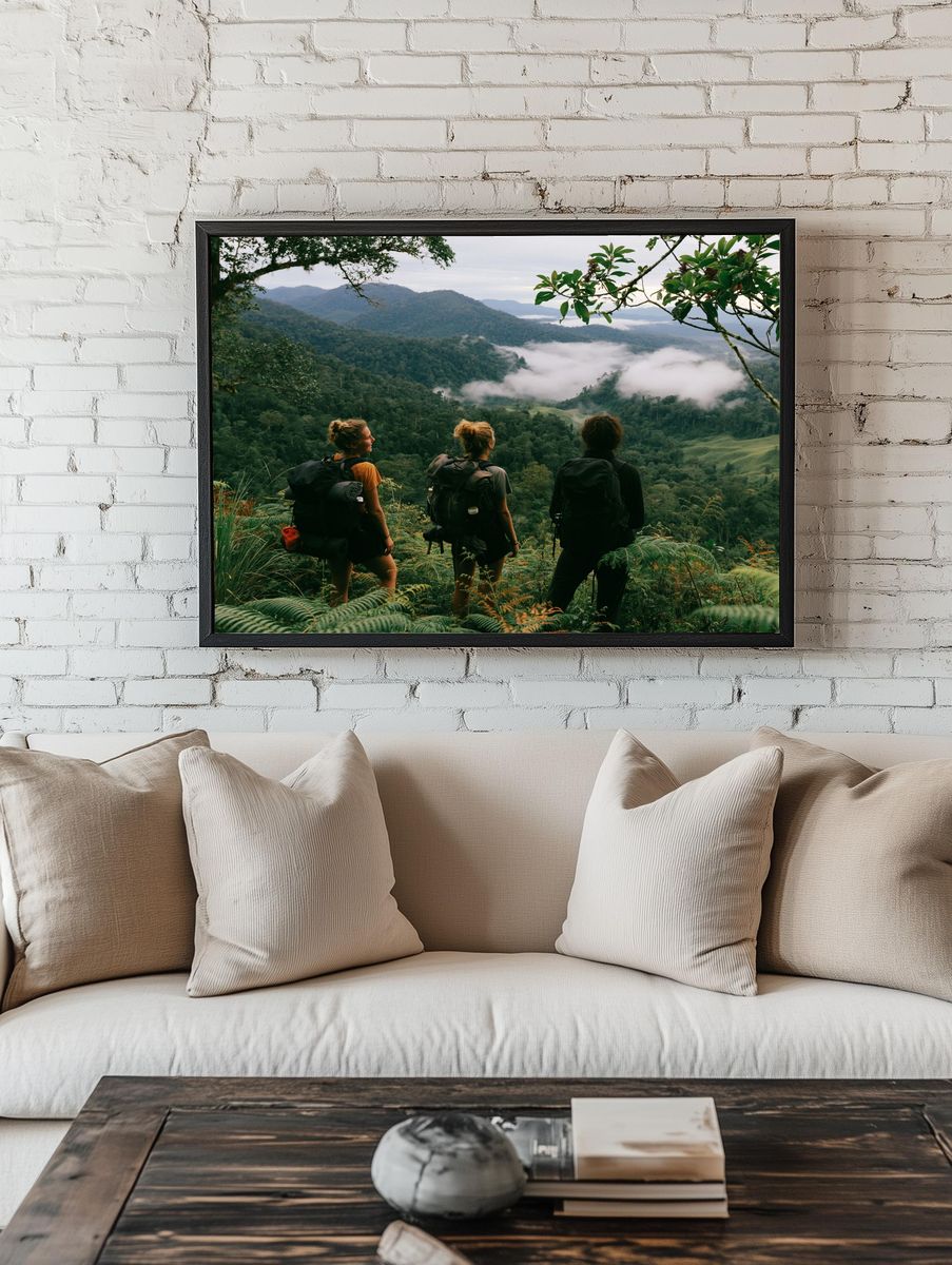 Misty Jungle Hikers Photography Poster. room preview