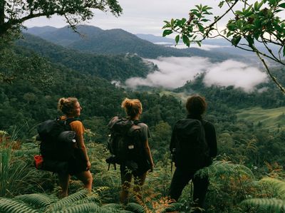 Misty Jungle Hikers Photography Poster. poster