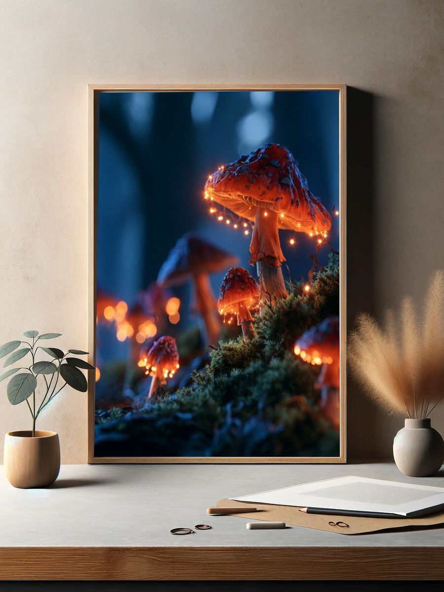 Glowing Mushroom Forest Photography Poster. — room view 2