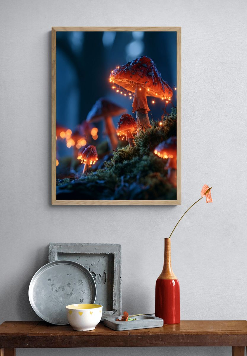 Glowing Mushroom Forest Photography Poster. — room view 3