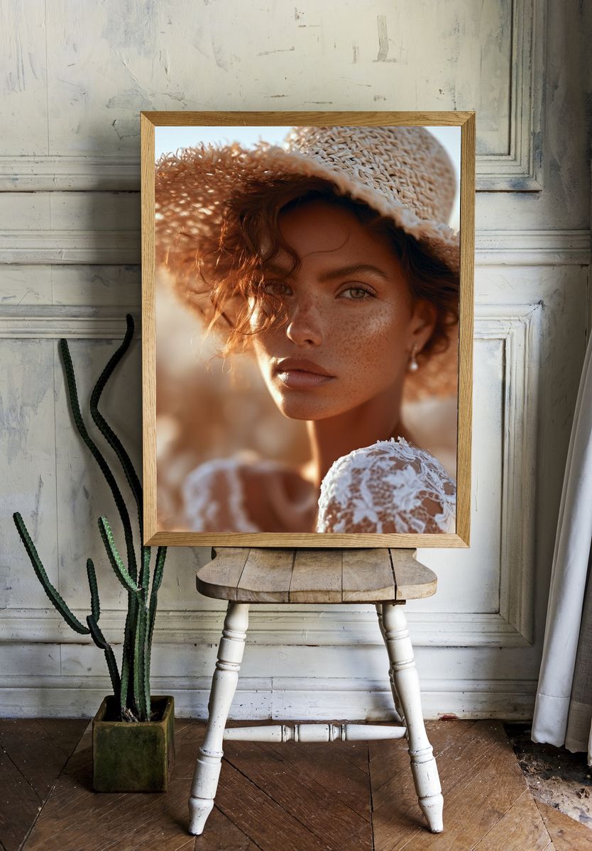 Sunlit Straw Hat Portrait Print. room preview