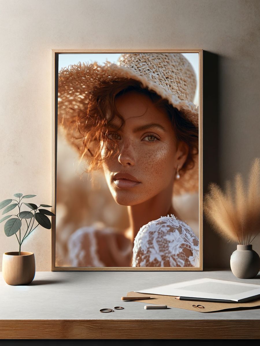 Sunlit Straw Hat Portrait Print. — room view 2