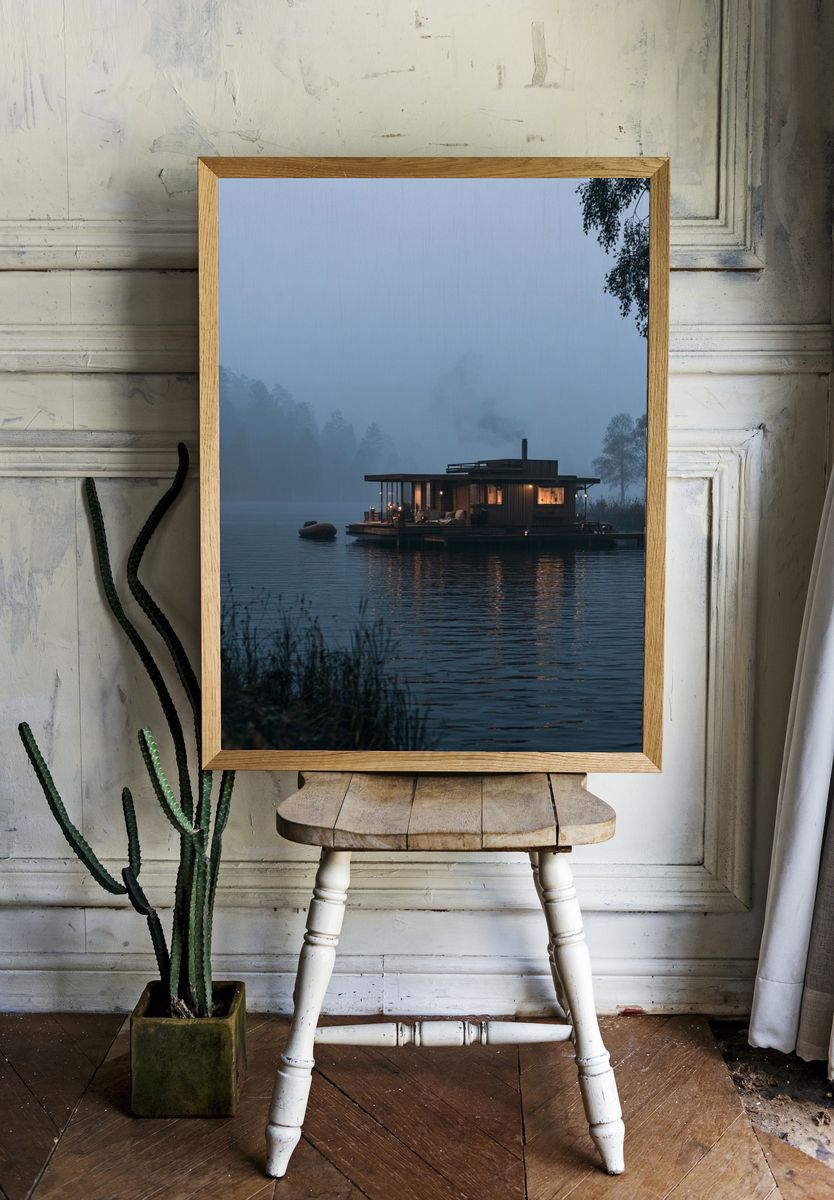 Misty Lakeside Cabin Photography Poster. room preview