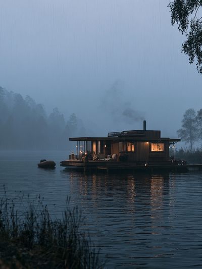Misty Lakeside Cabin Photography Poster. poster