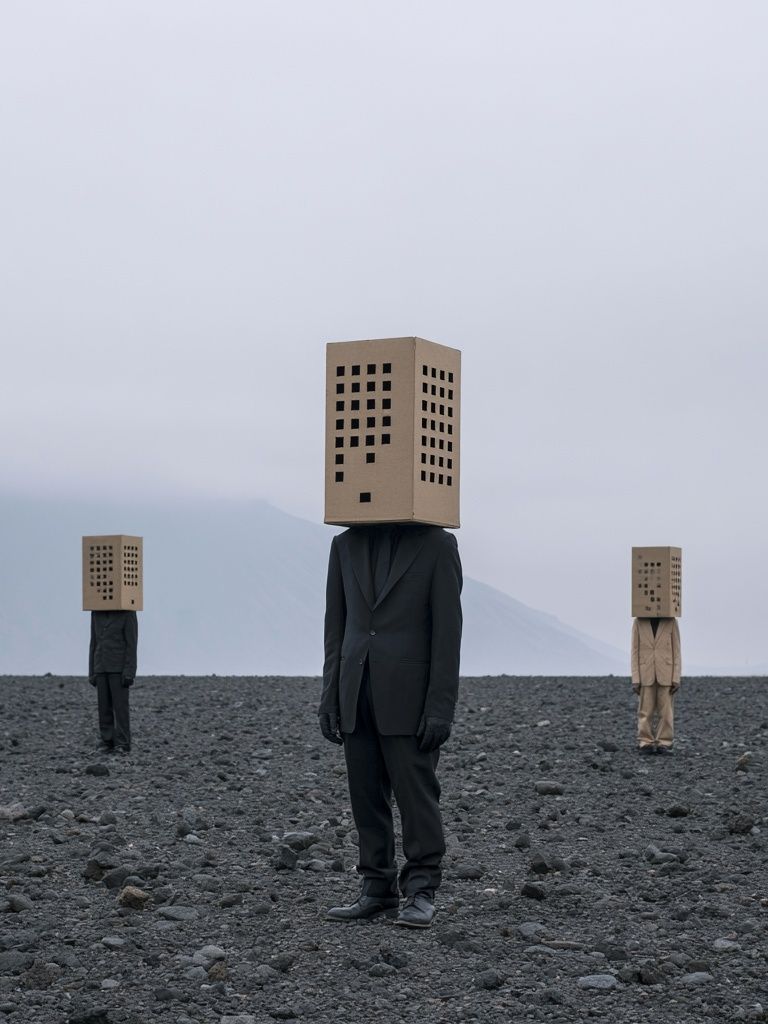 Surreal Box-Head Figures Print. poster detail