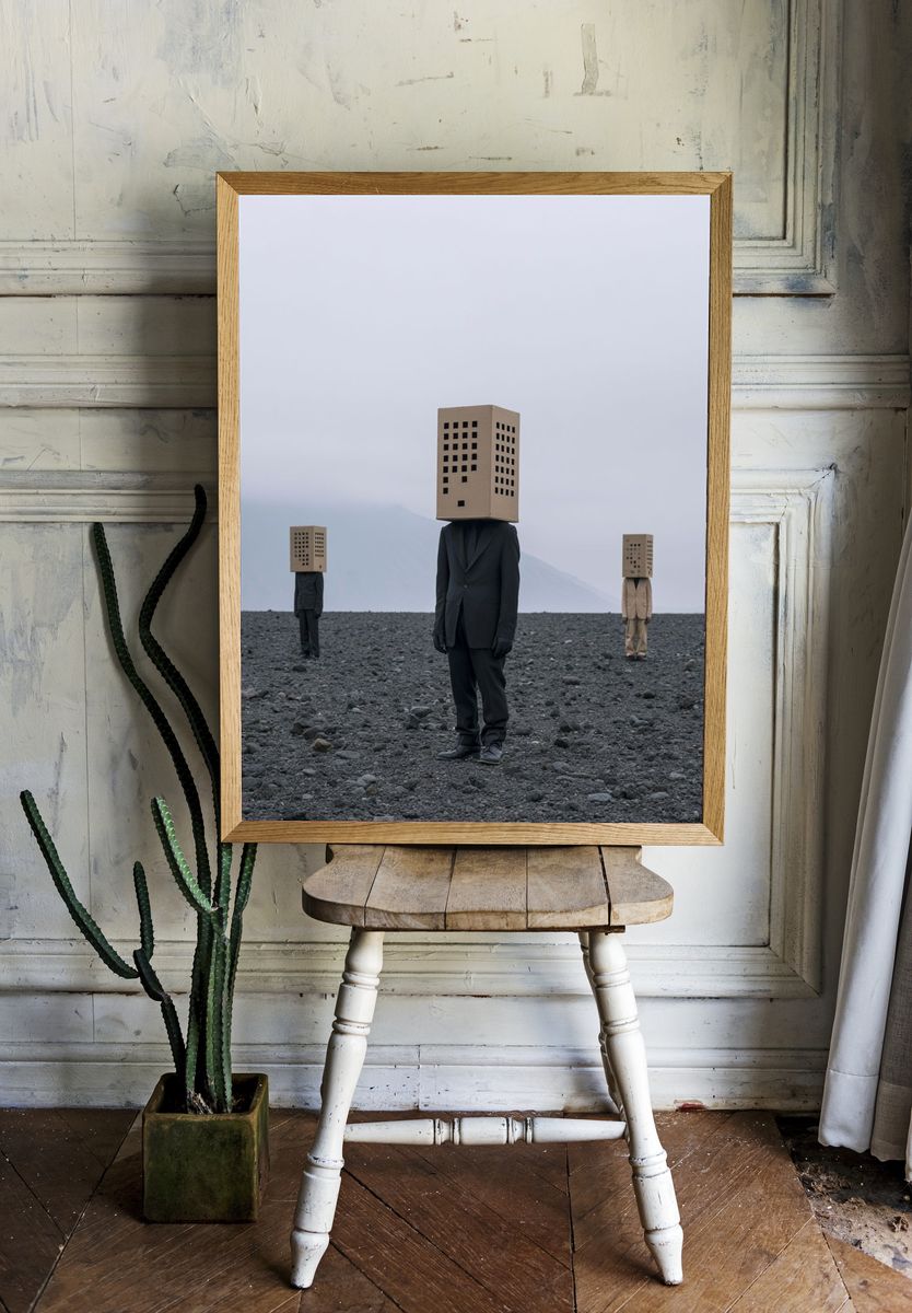 Surreal Box-Head Figures Print. — room view 1