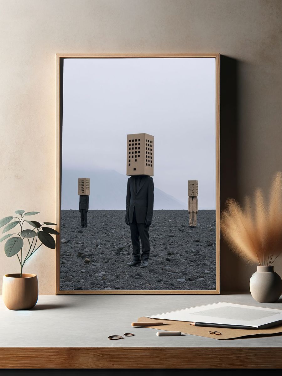 Surreal Box-Head Figures Print. — room view 2