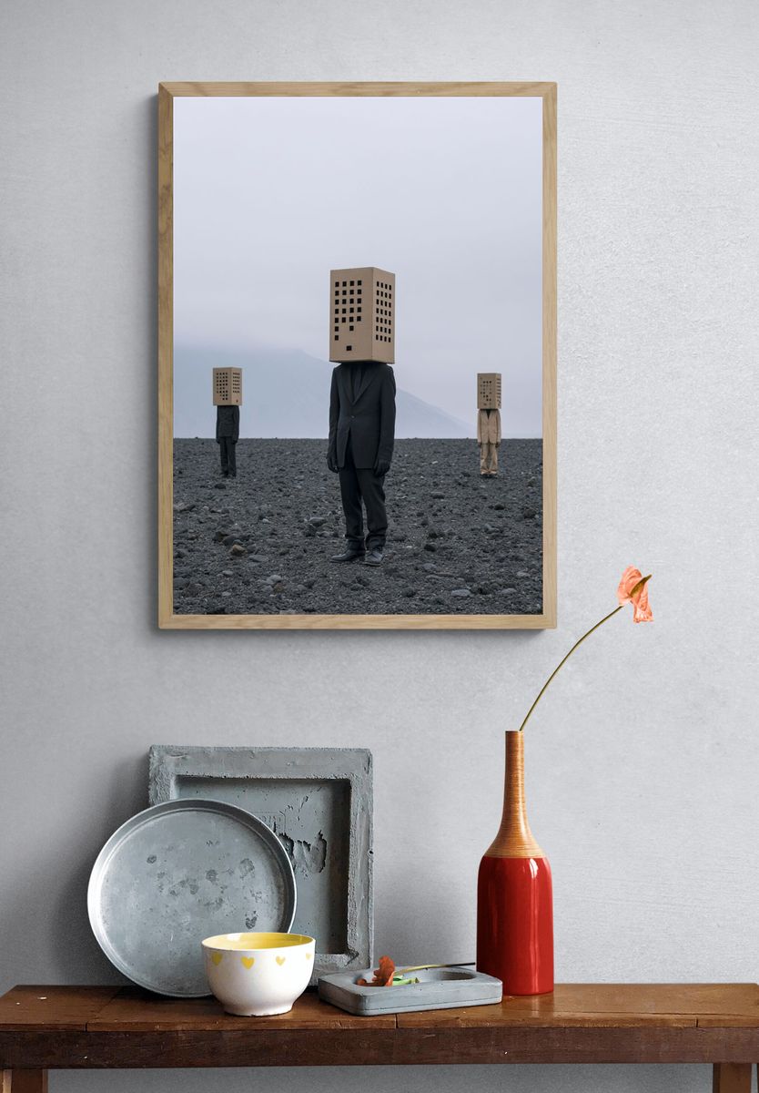 Surreal Box-Head Figures Print. — room view 3