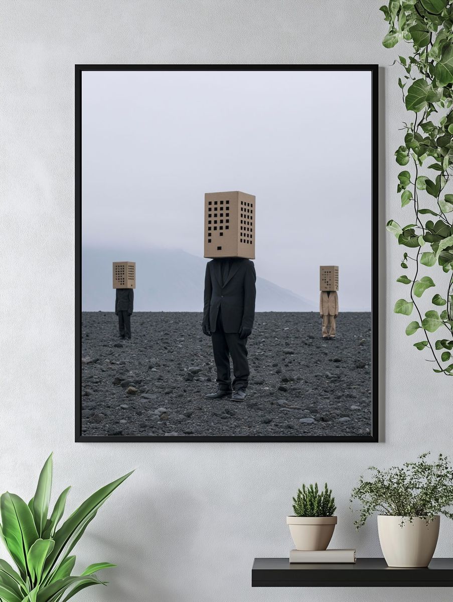 Surreal Box-Head Figures Print. — room view 4