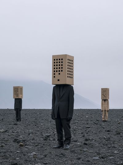 Surreal Box-Head Figures Print. poster