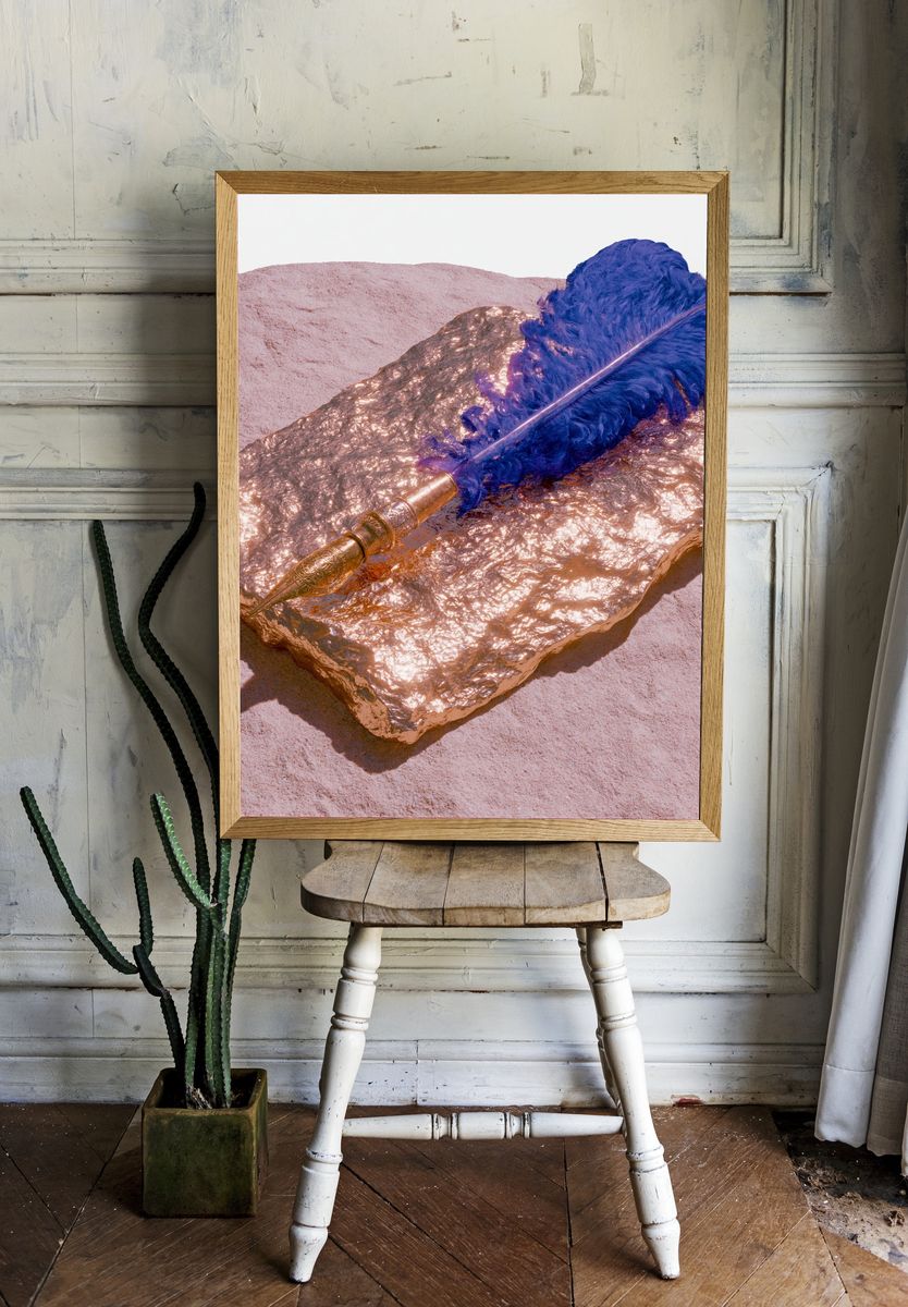 Golden Feather Still Life Print. room preview