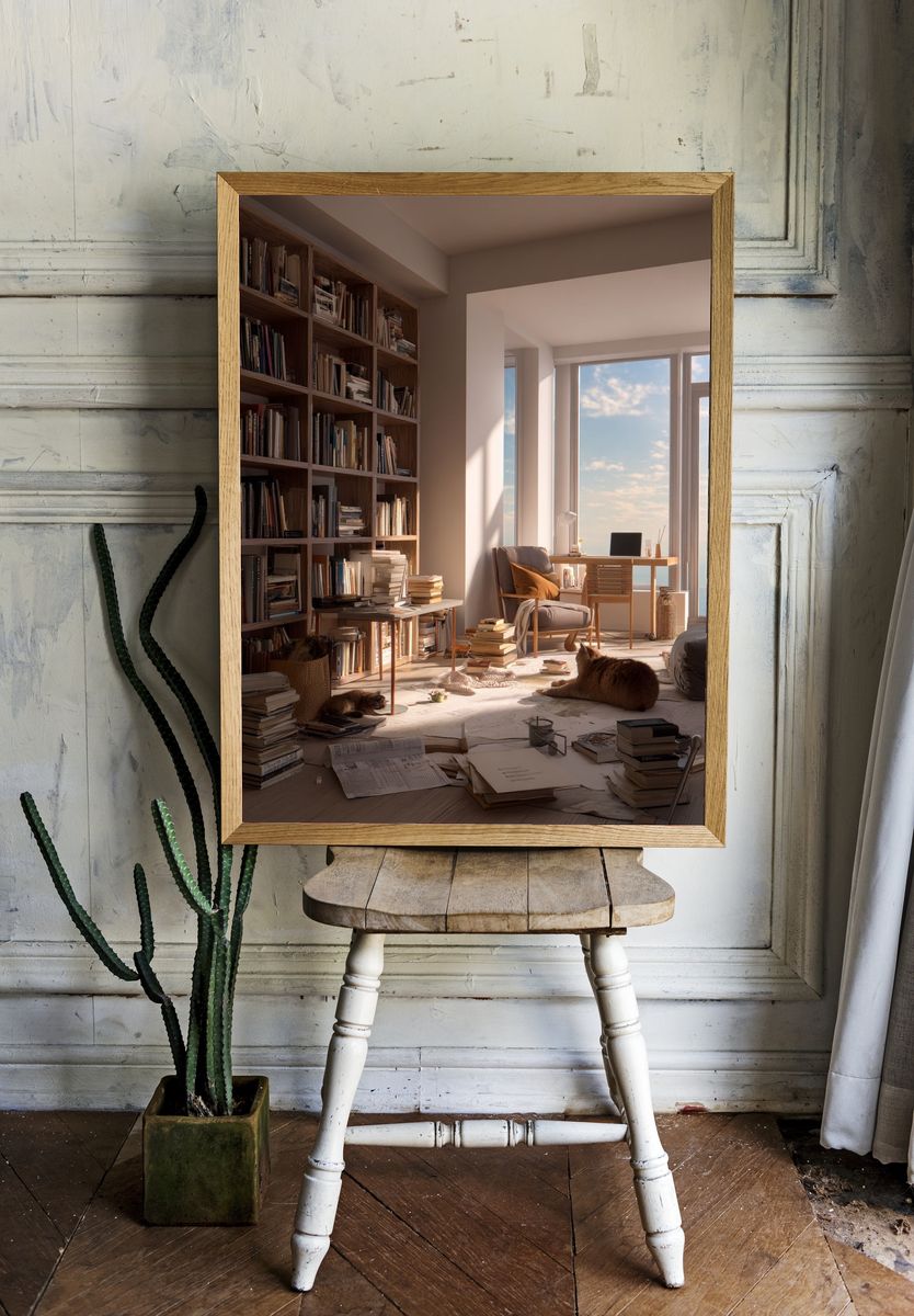 Sunlit Bookish Interior Photography Poster. — room view 1