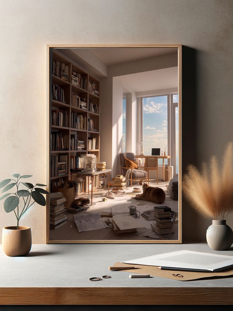 Sunlit Bookish Interior Photography Poster. — room view 2