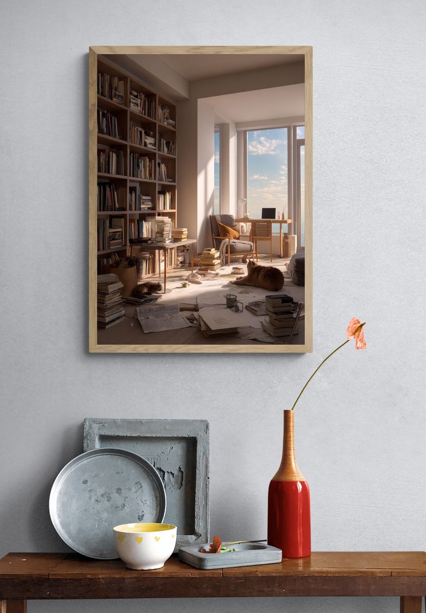 Sunlit Bookish Interior Photography Poster. — room view 3
