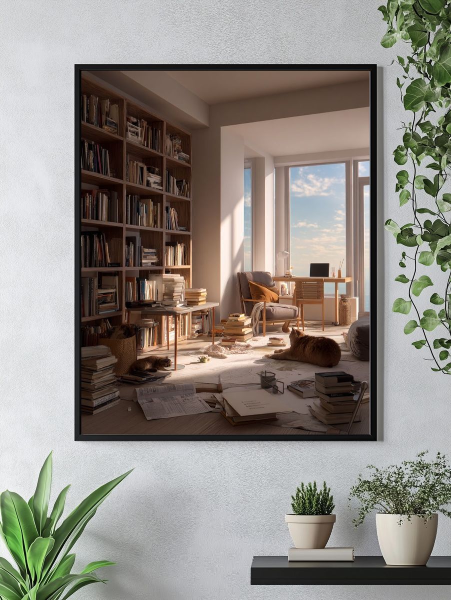 Sunlit Bookish Interior Photography Poster. — room view 4