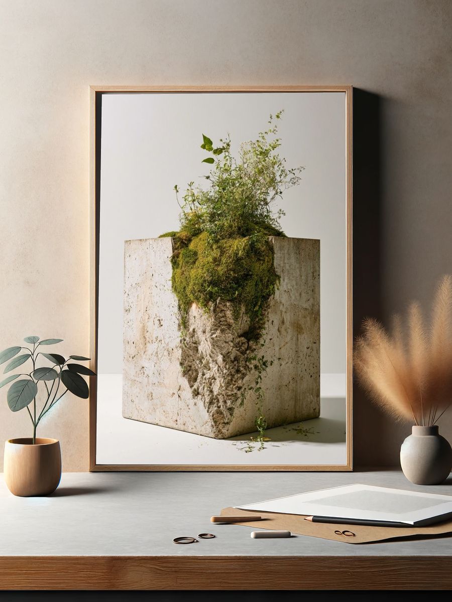 Mossy Stone Planter Photography Poster. — room view 2