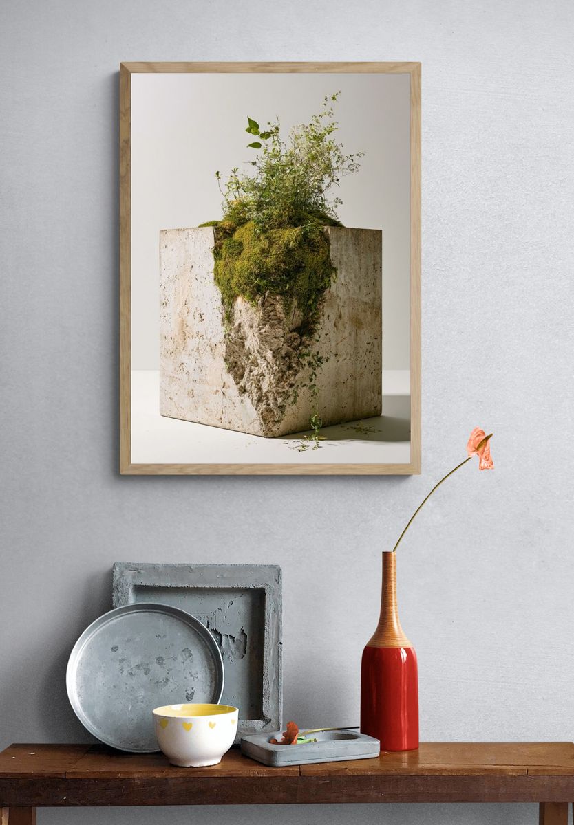 Mossy Stone Planter Photography Poster. — room view 3