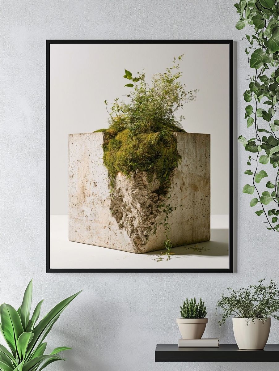 Mossy Stone Planter Photography Poster. — room view 4