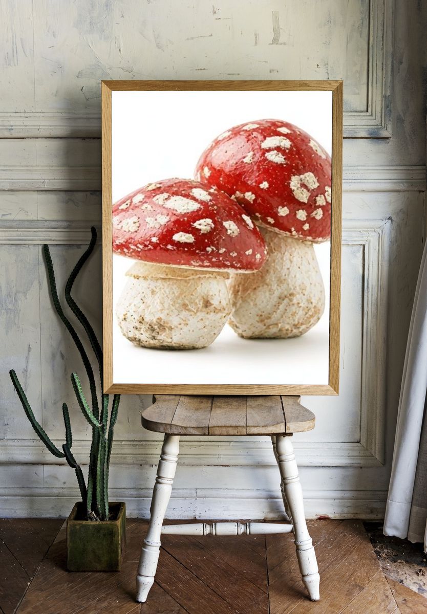 Red Toadstool Mushrooms Photography Poster. — room view 1