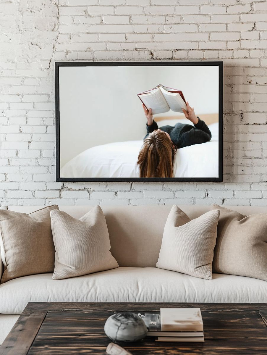 Woman reading book her bed. room preview